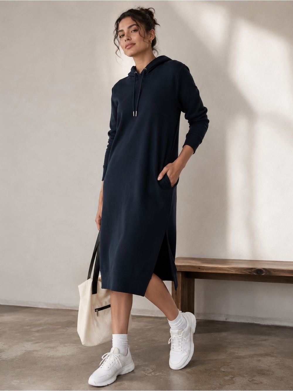 Sweaty‎ Betty Essentials Navy Blue Hooded Side Slits Sweater Dress
